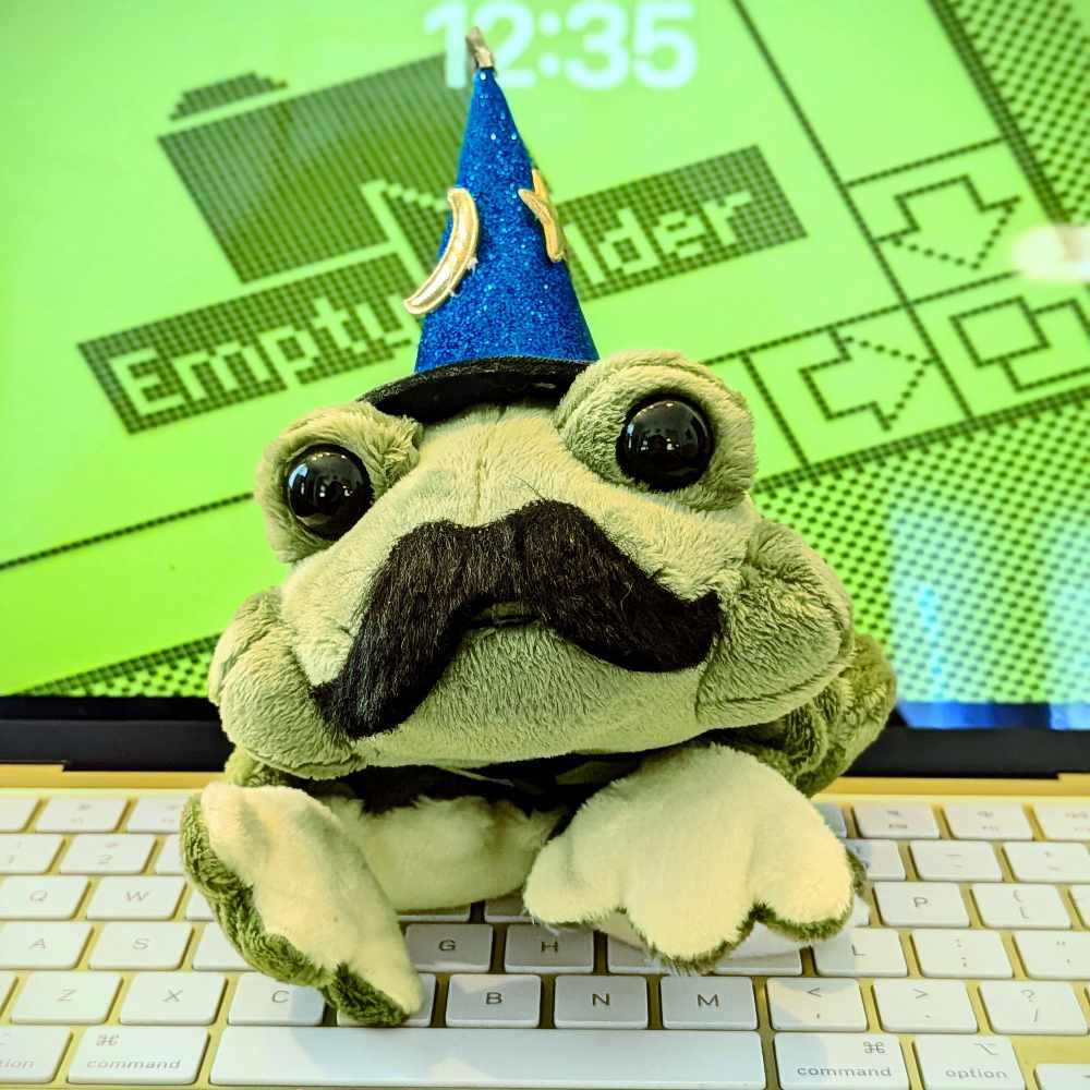 image of a frog toy with a wizard hat and mustache
